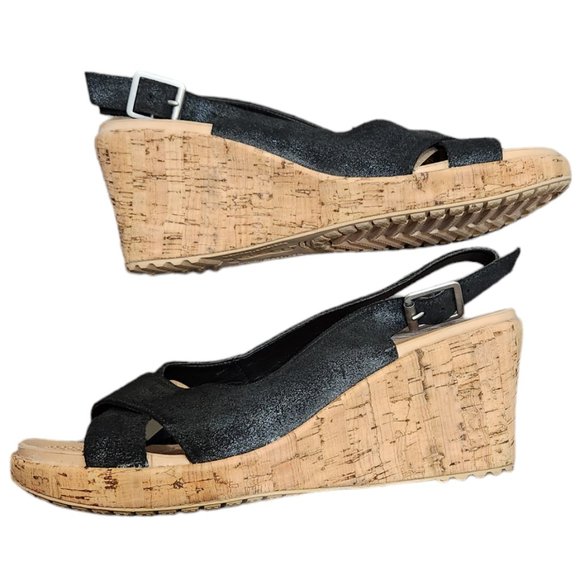 Crocs A-Leigh Black Leather Slingback Strap Wedge Cork Heels Casual Sandals 9W - Picture 6 of 9